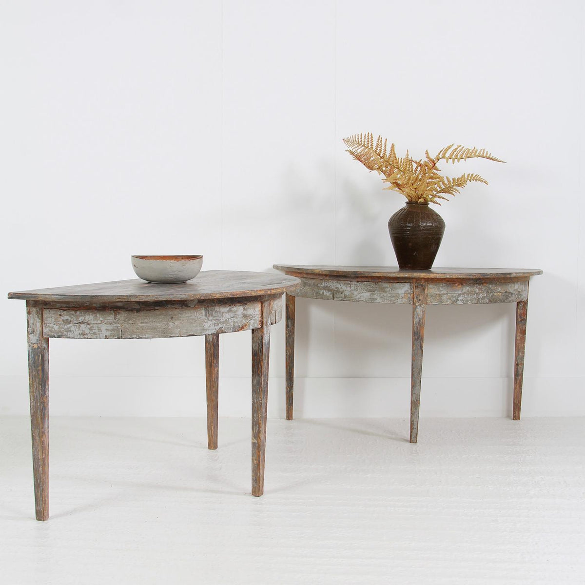 A Wonderful Pair of 19thC Swedish Painted Demi-lunes or Console tables