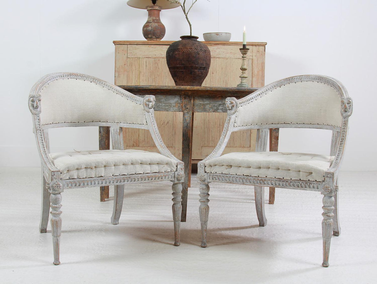 Beautiful Pair of Swedish 19thC Barrel Back Armchairs with Lions' Heads