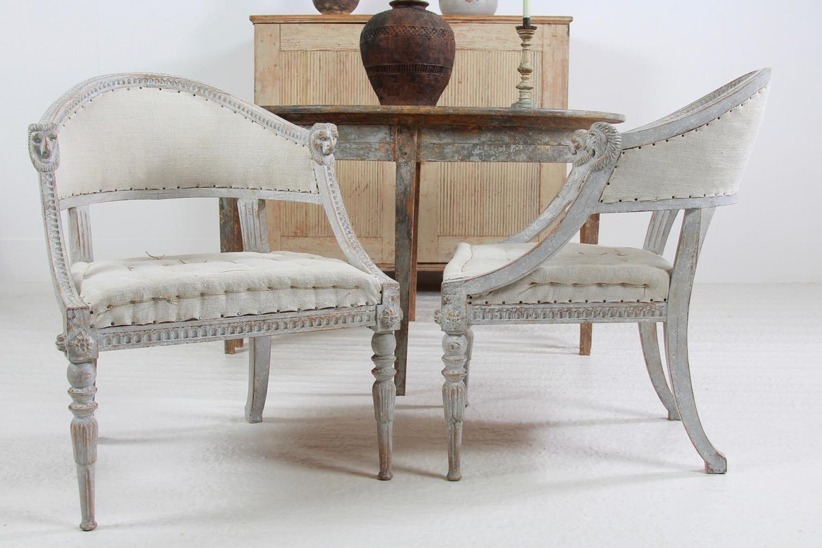 Beautiful Pair of Swedish 19thC Barrel Back Armchairs with Lions' Heads