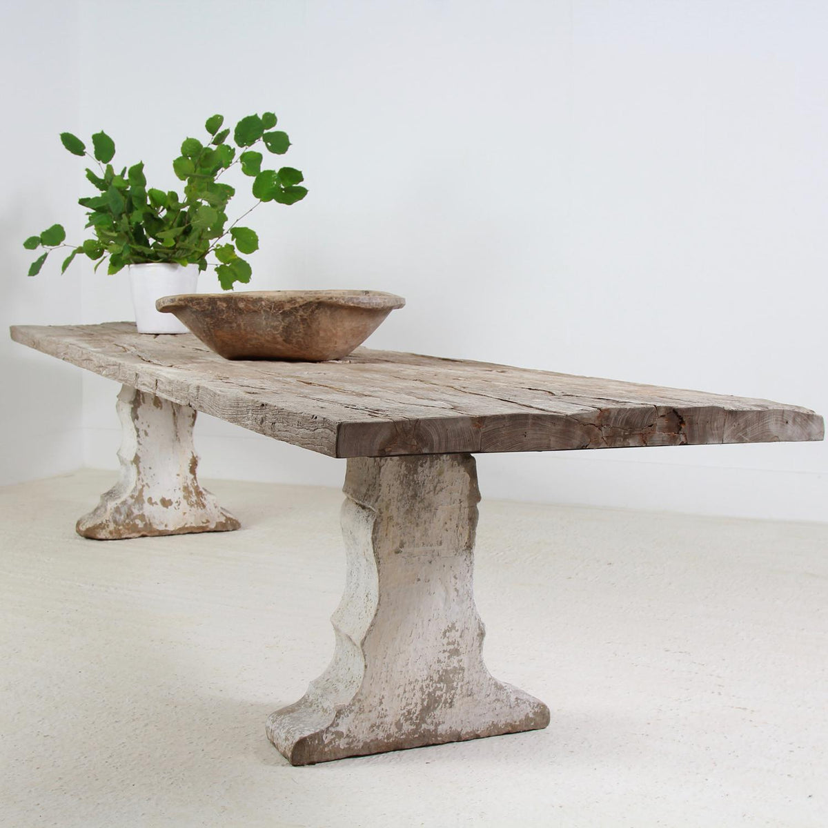 Monumental & Architectual French Carved Stone and Weathered Teak Dining Table