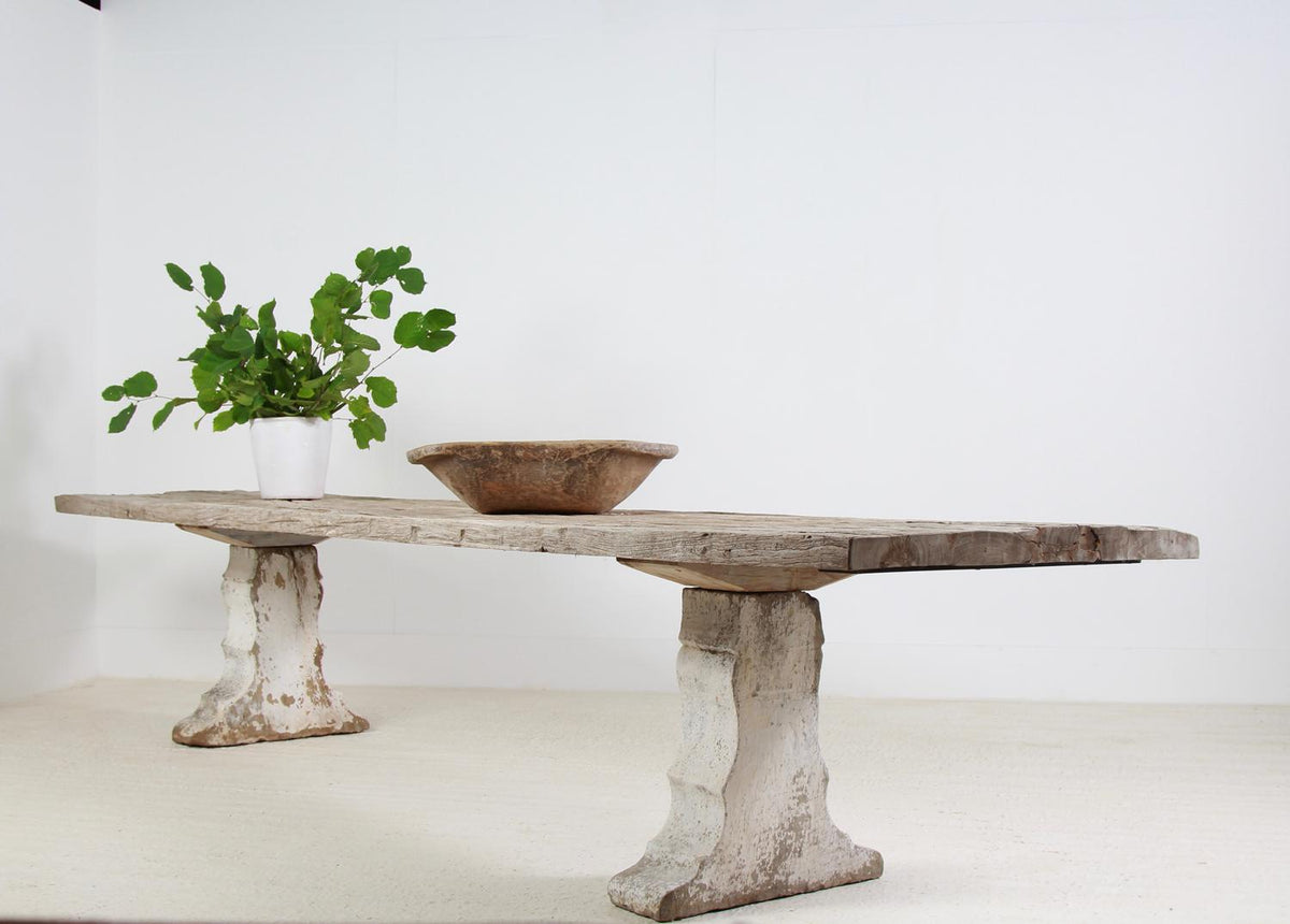 Monumental & Architectual French Carved Stone and Weathered Teak Dining Table