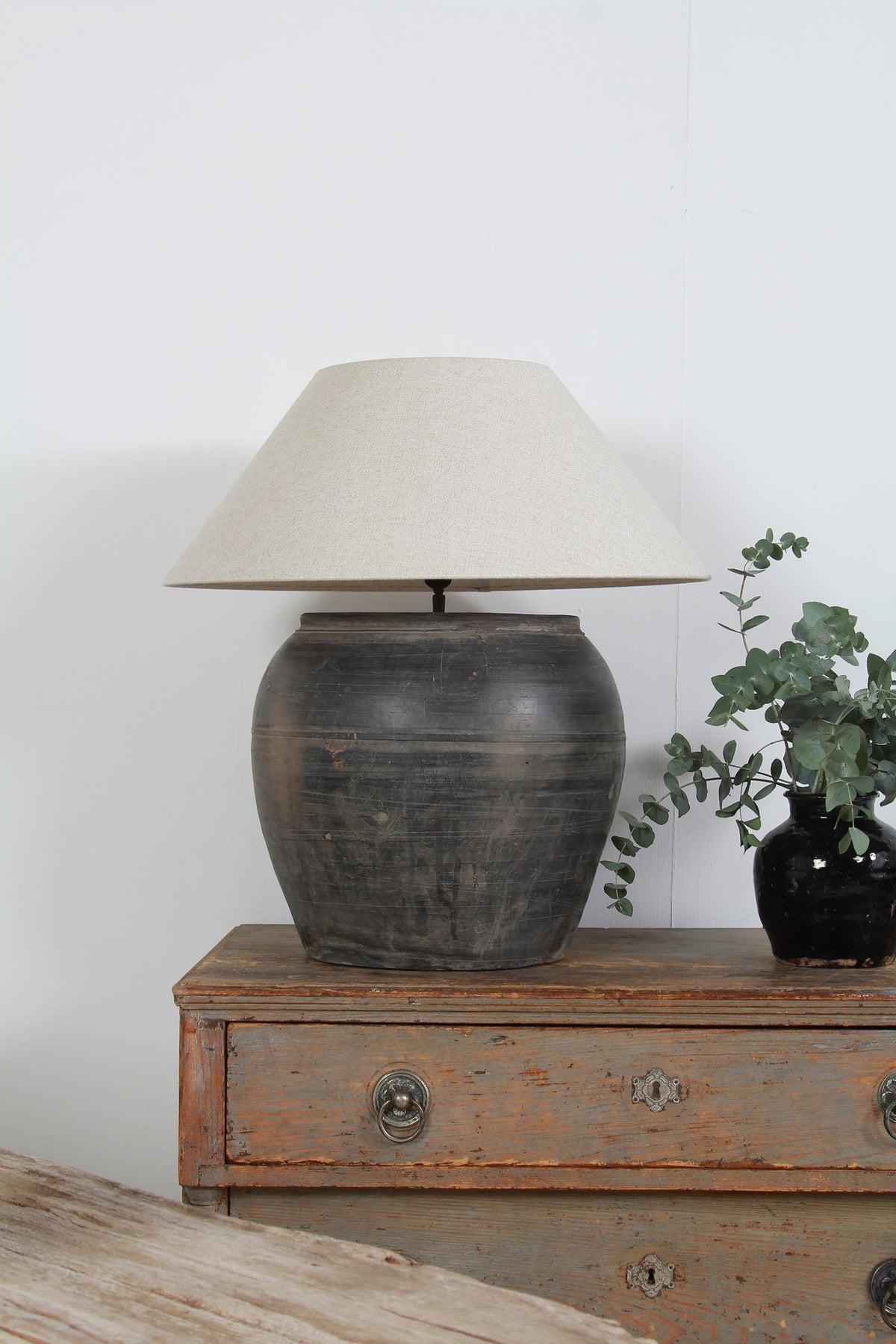 Enormous Chinese Storage Jar Lamp with Belgium Linen Shade