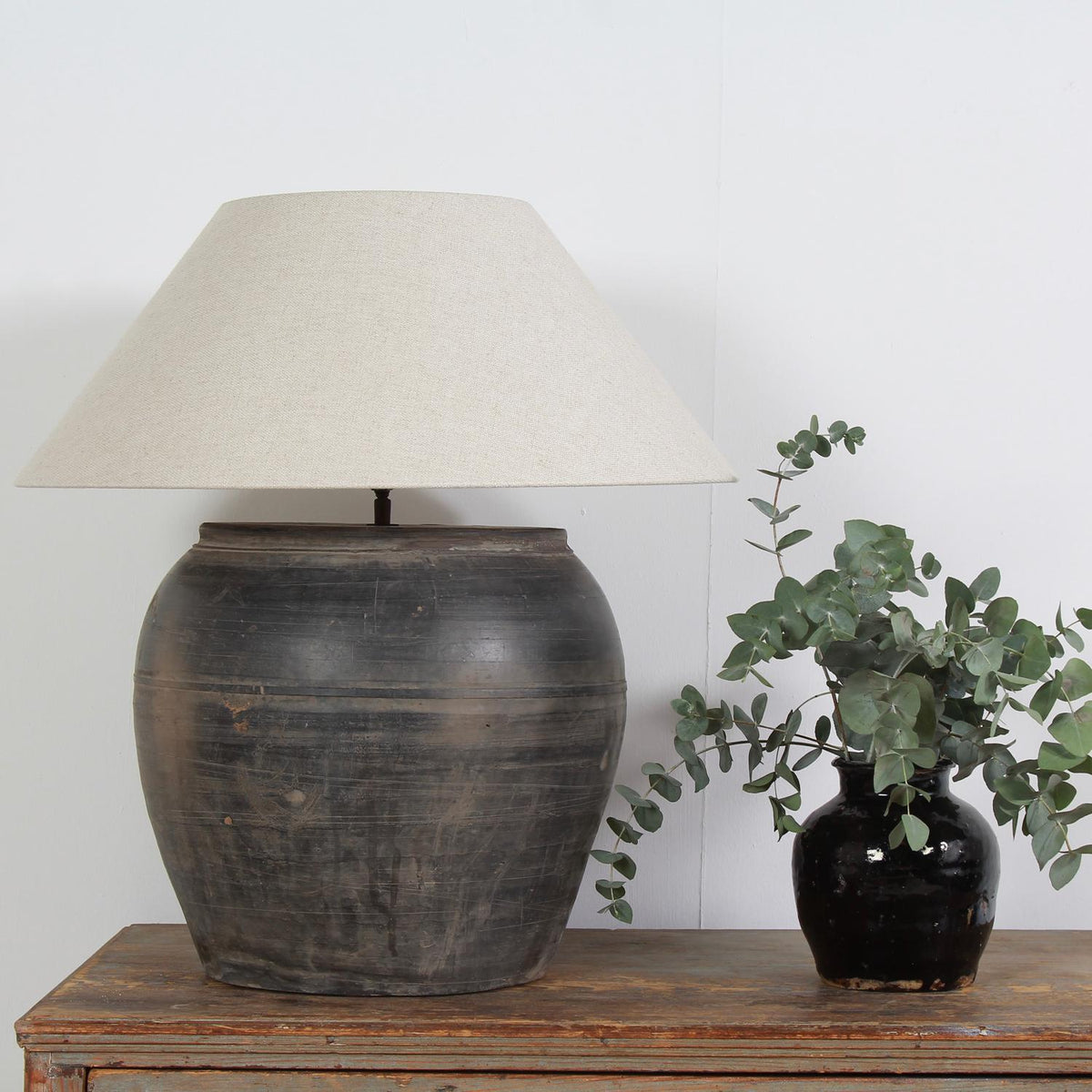 Enormous Chinese Storage Jar Lamp with Belgium Linen Shade