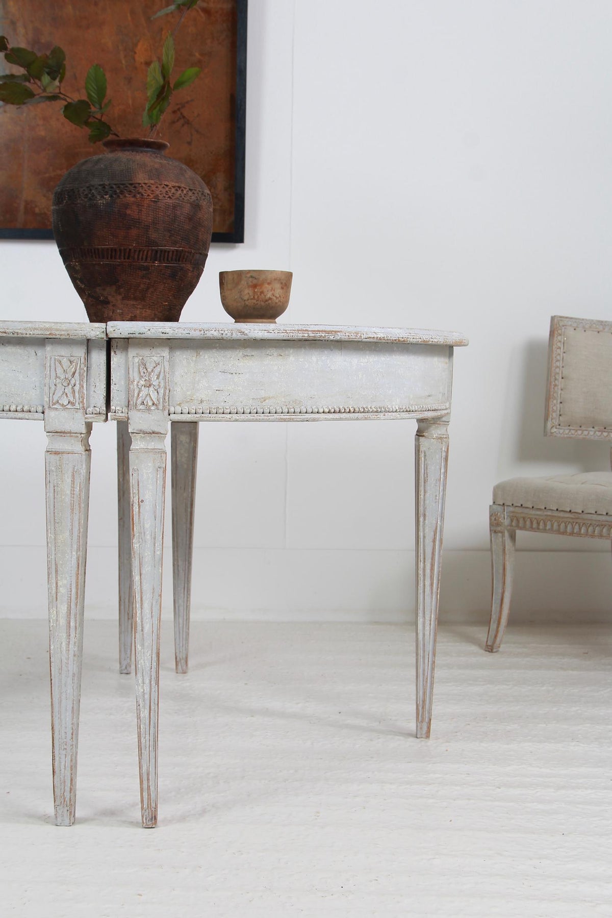 A Elegant PAIR OF 19THC SWEDISH PAINTED DEMI-LUNES OR CONSOLE TABLES