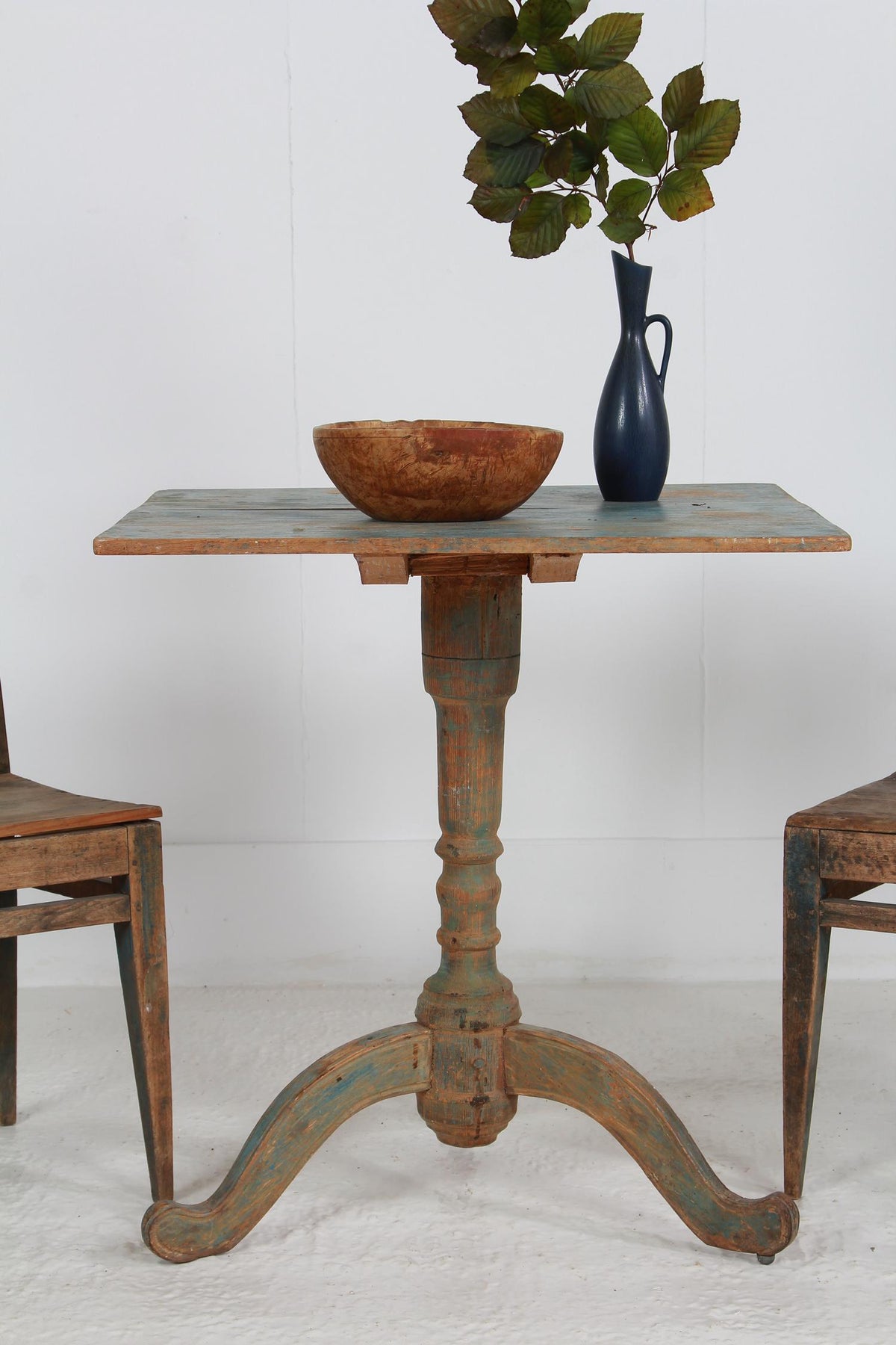 SWEDISH 19thC PEDESTAL TABLE WITH TIME WORN ORIGINAL BLUE PAINT