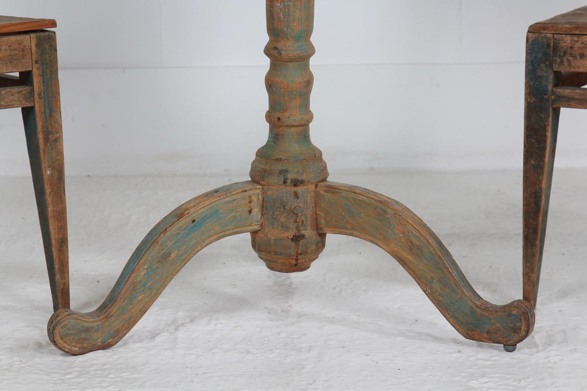 SWEDISH 19thC PEDESTAL TABLE WITH TIME WORN ORIGINAL BLUE PAINT