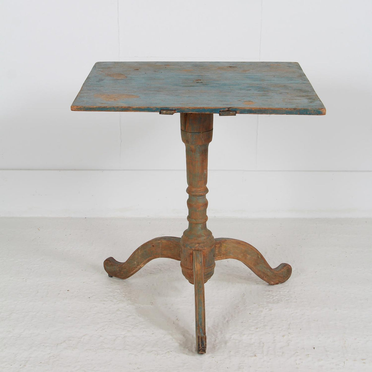 SWEDISH 19thC PEDESTAL TABLE WITH TIME WORN ORIGINAL BLUE PAINT