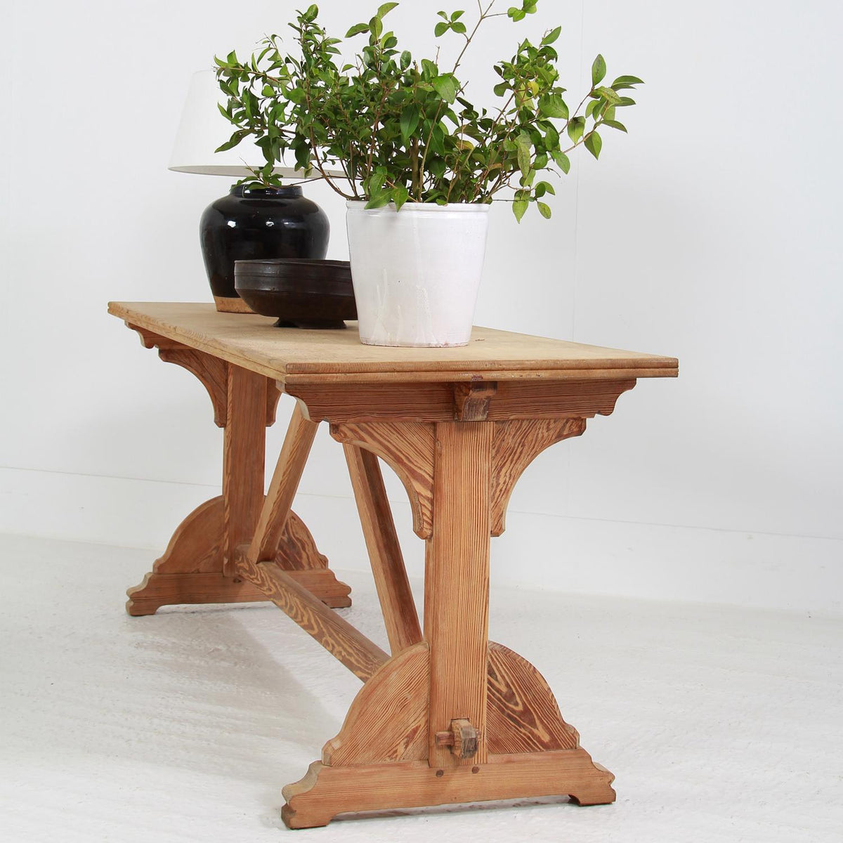 Charming Pair of French Bleached Oak Trestle Console Tables
