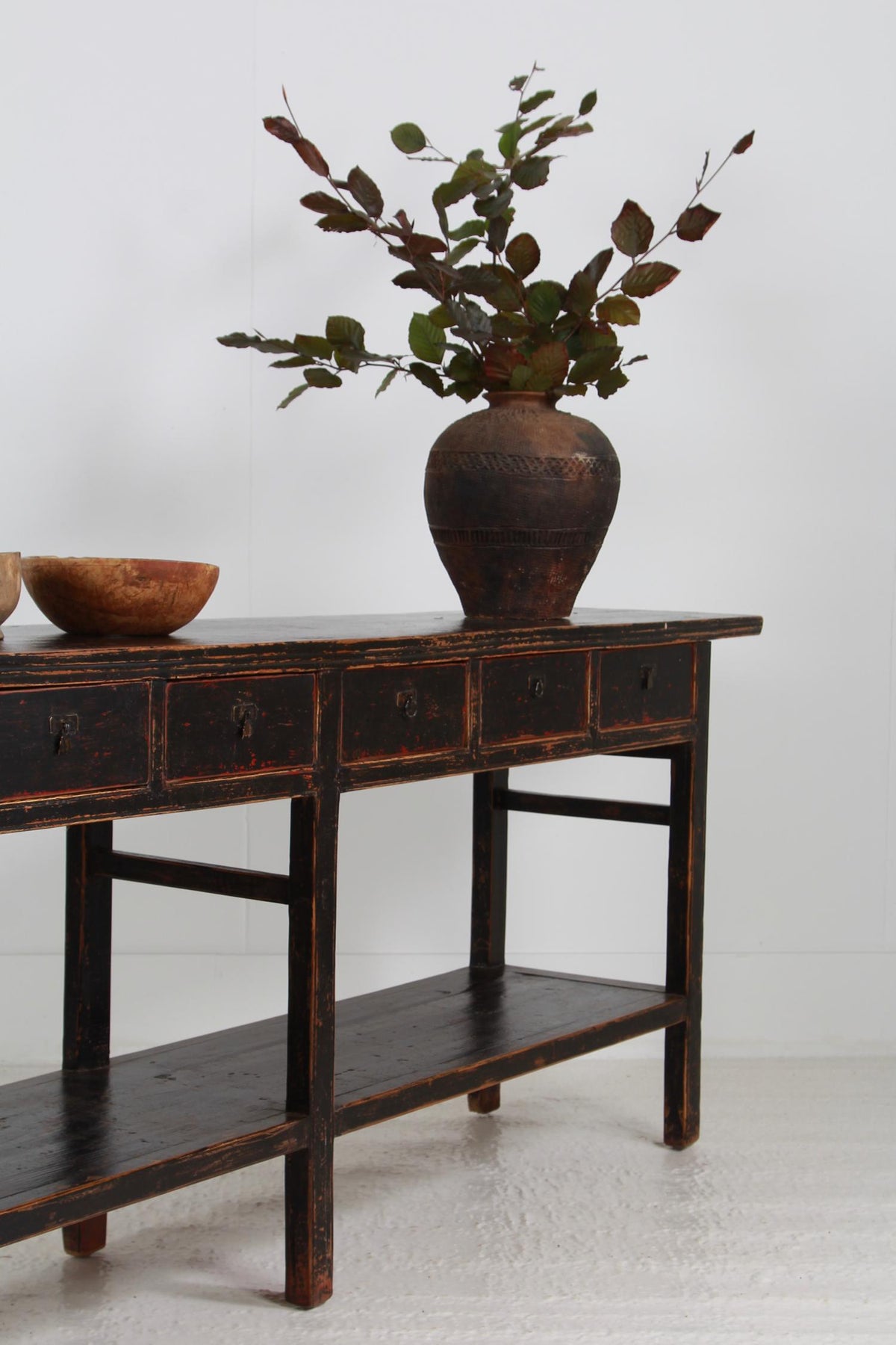 Stylish XL Antique Six Drawer Console Table in Striking Black Paint