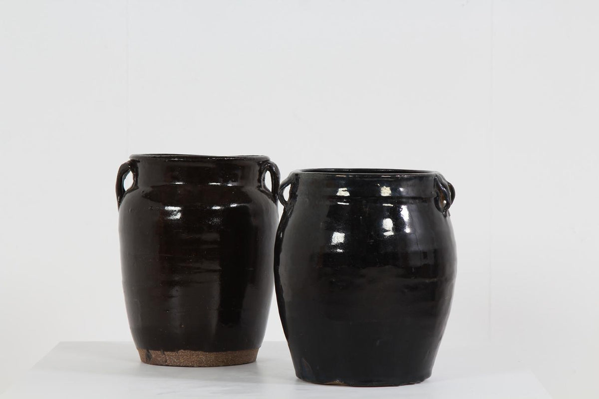 Collection of Two  Handmade Chinese  Black Glazed Pottery Jars