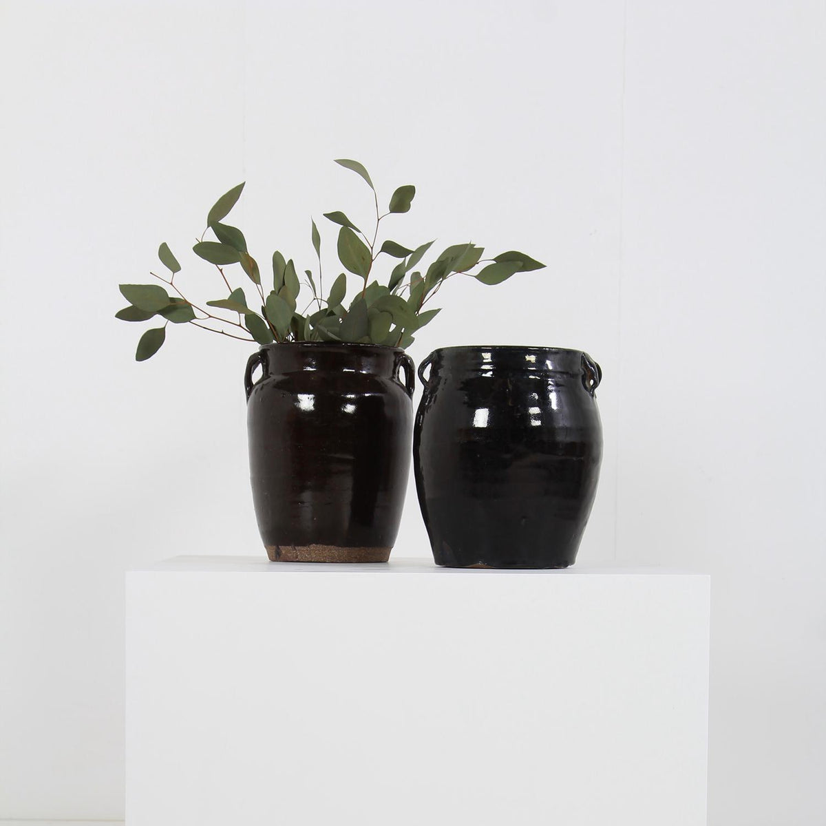 Collection of Two  Handmade Chinese  Black Glazed Pottery Jars