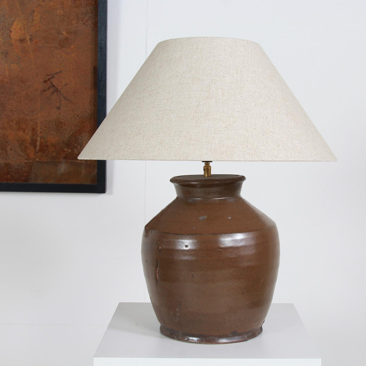 Authentic Dark Brown Glazed Pottery Table Lamp with Coarse Natural  Empire Linen Shade