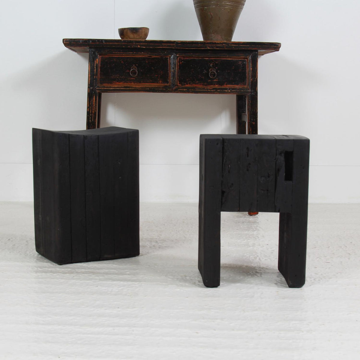 Set of two ARTISAN Japanese INSPIRED Ebonized WOODEN STOOLS