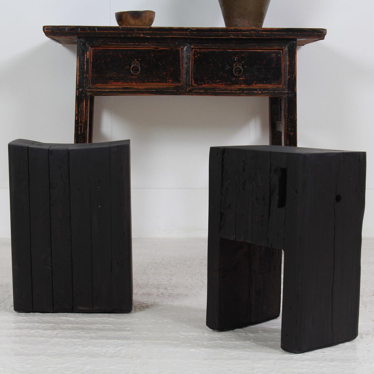 Set of two ARTISAN Japanese INSPIRED Ebonized WOODEN STOOLS