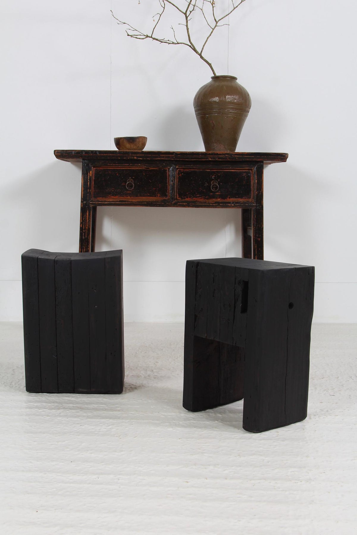 Set of two ARTISAN Japanese INSPIRED Ebonized WOODEN STOOLS