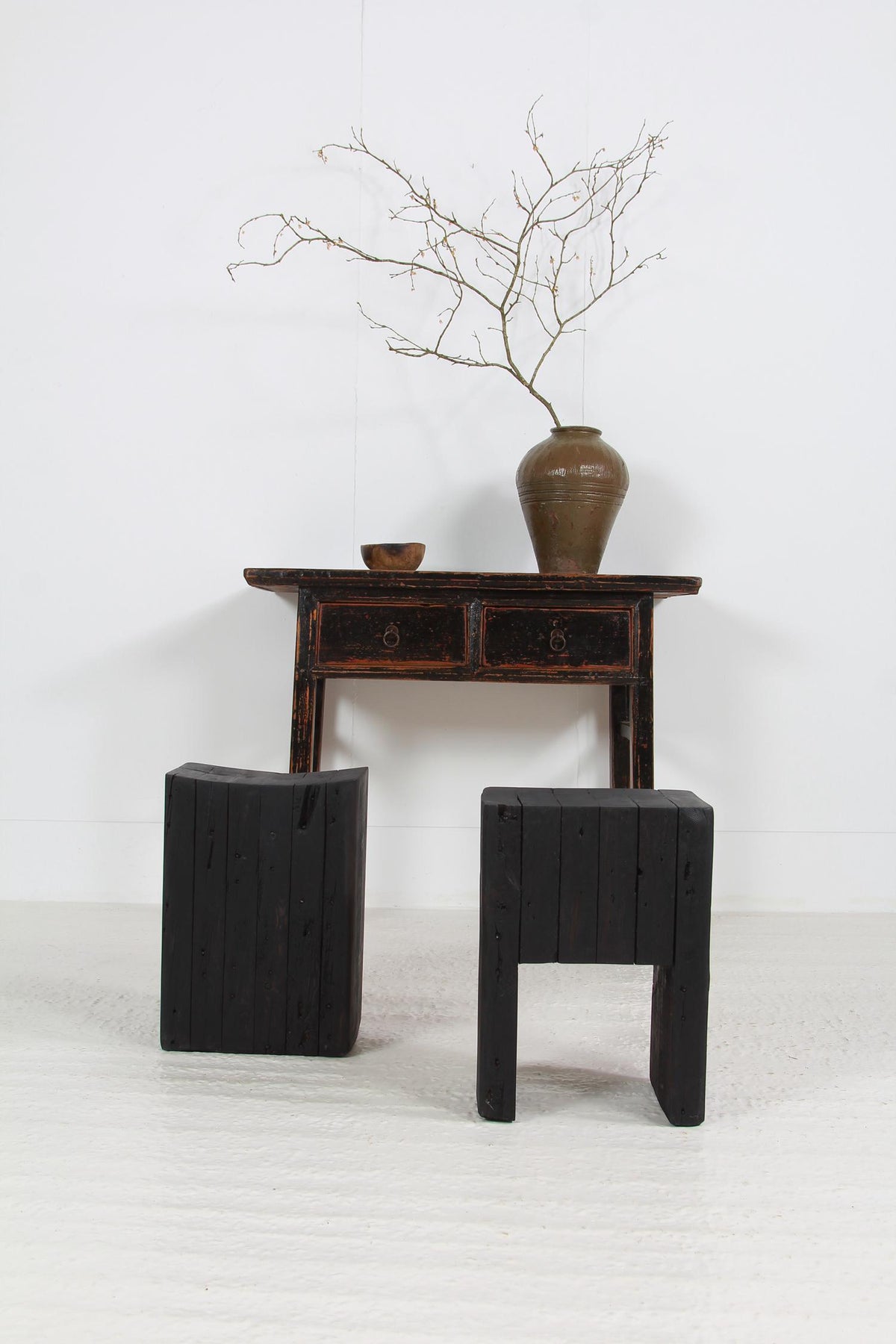 Set of two ARTISAN Japanese INSPIRED Ebonized WOODEN STOOLS