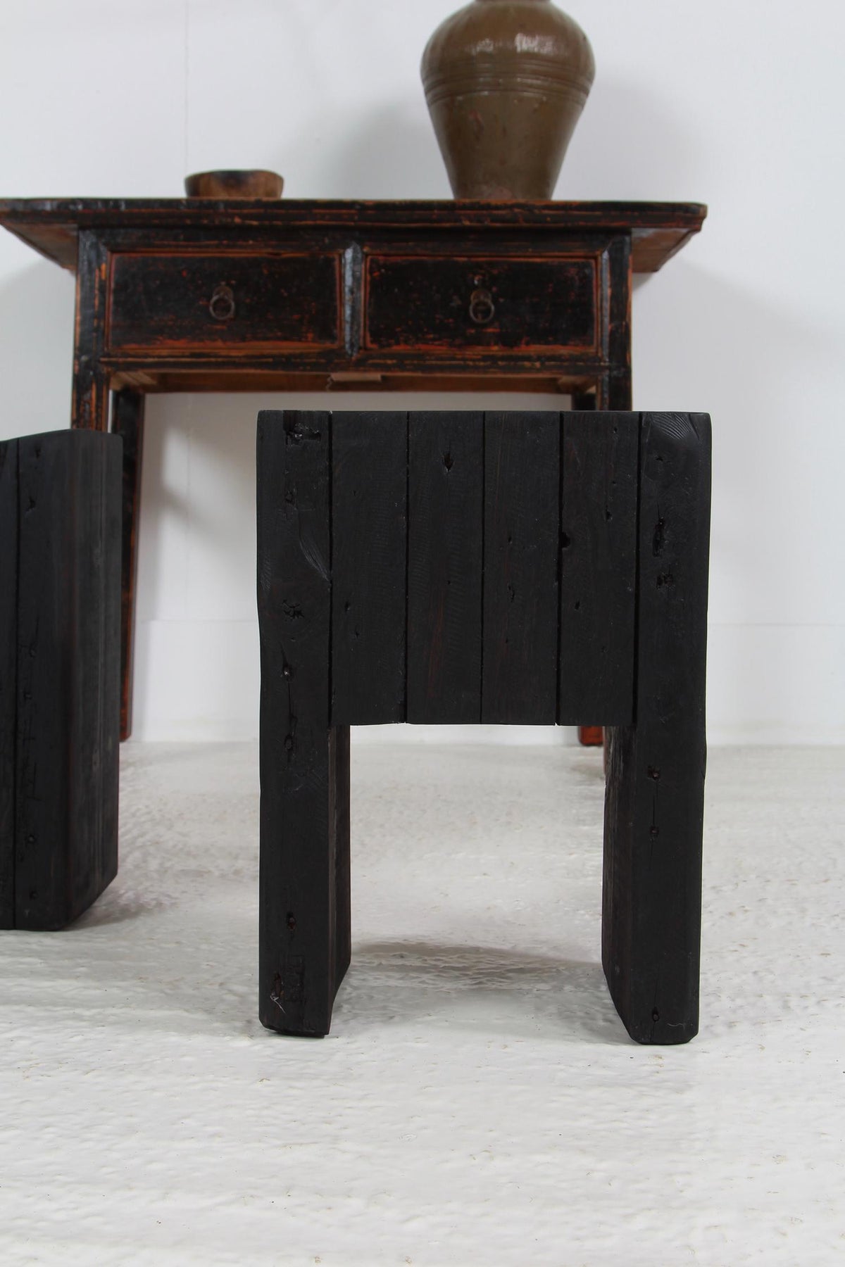 Set of two ARTISAN Japanese INSPIRED Ebonized WOODEN STOOLS