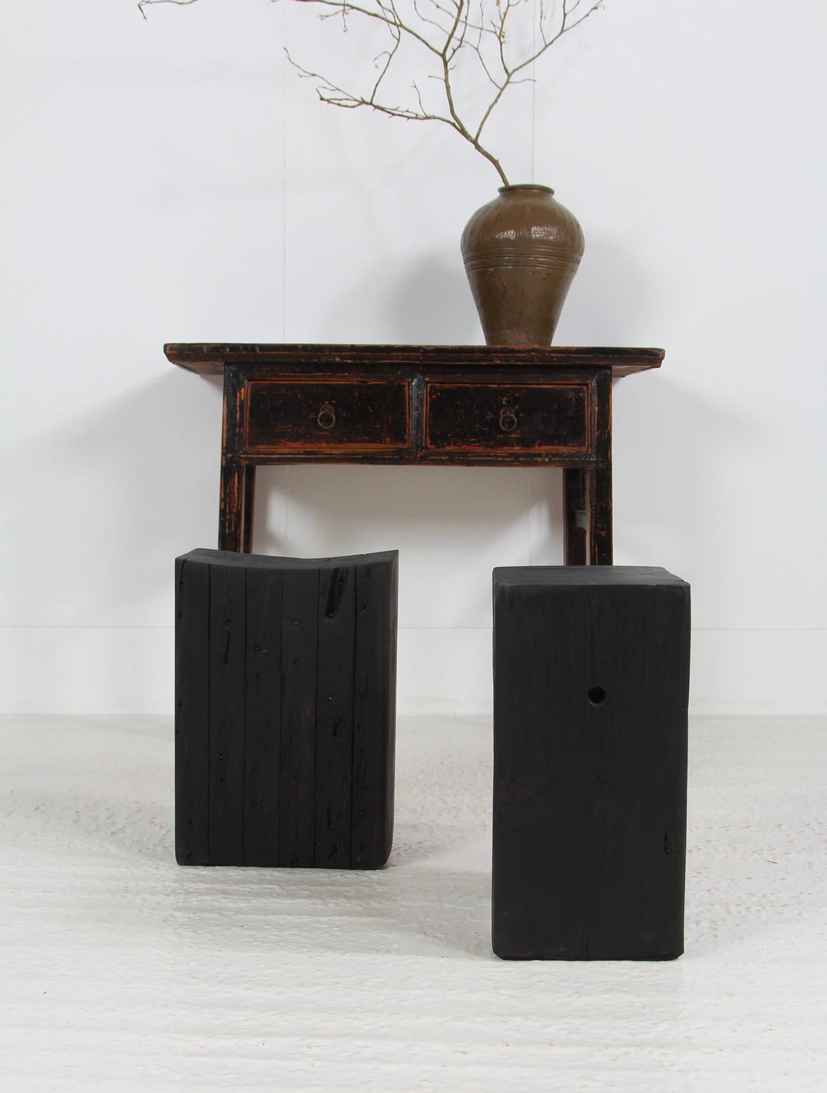 Set of two ARTISAN Japanese INSPIRED Ebonized WOODEN STOOLS