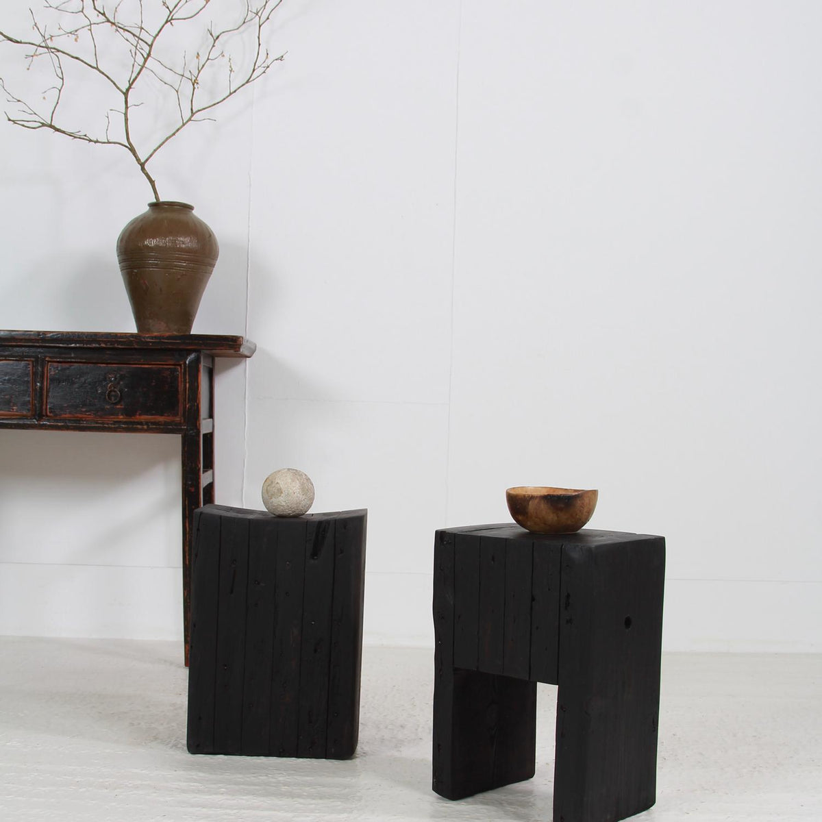 Set of two ARTISAN Japanese INSPIRED Ebonized WOODEN STOOLS