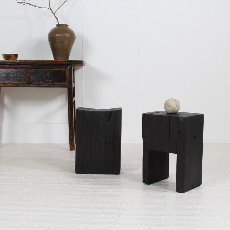 Set of two ARTISAN Japanese INSPIRED Ebonized WOODEN STOOLS