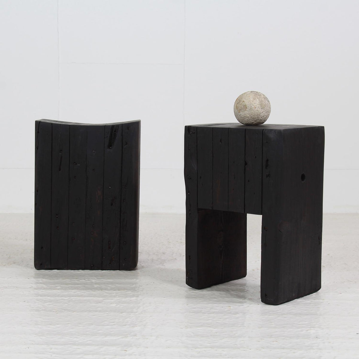 Set of two ARTISAN Japanese INSPIRED Ebonized WOODEN STOOLS