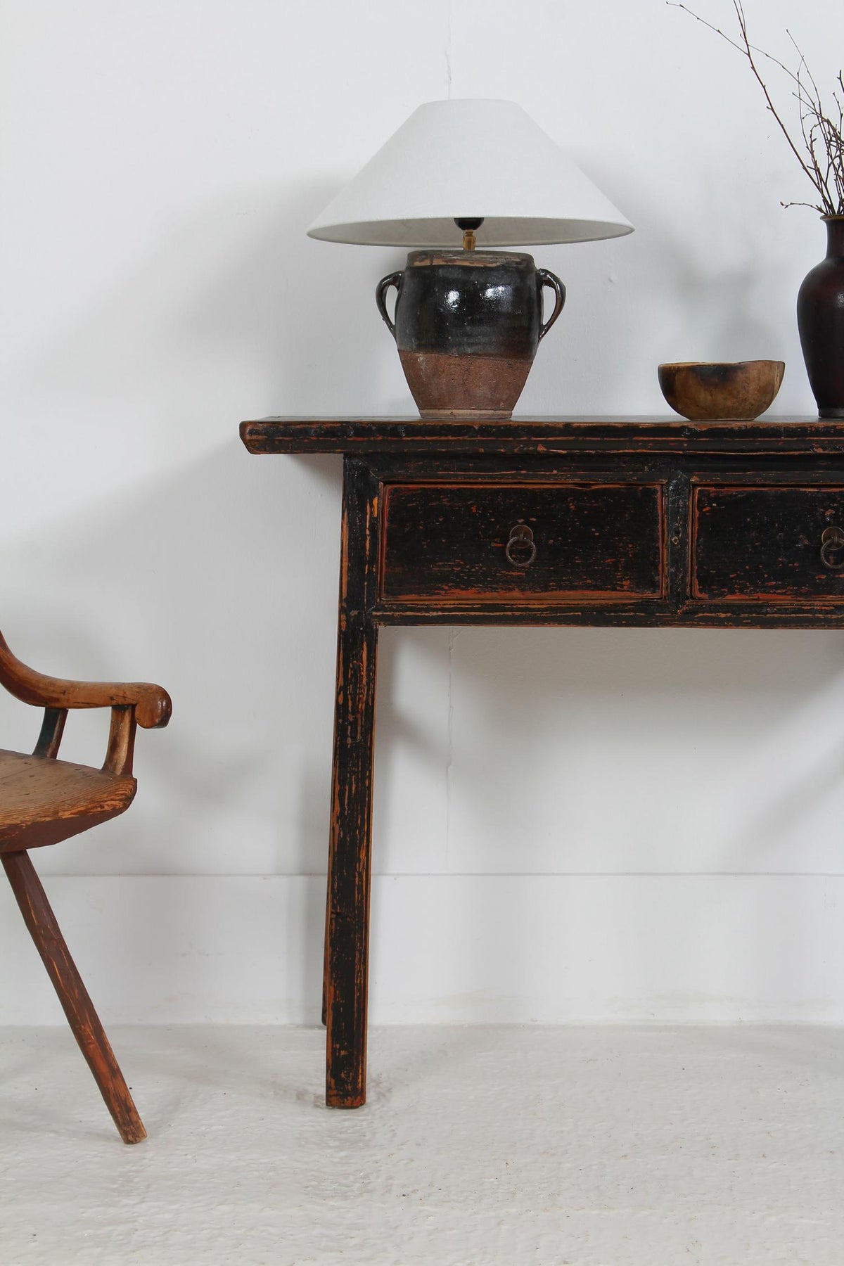 Striking Black Painted Chinese Two Drawer Console/Lamp Table