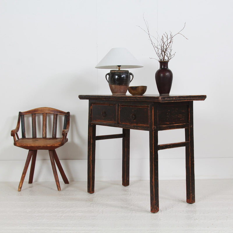 Striking Black Painted Chinese Two Drawer Console/Lamp Table