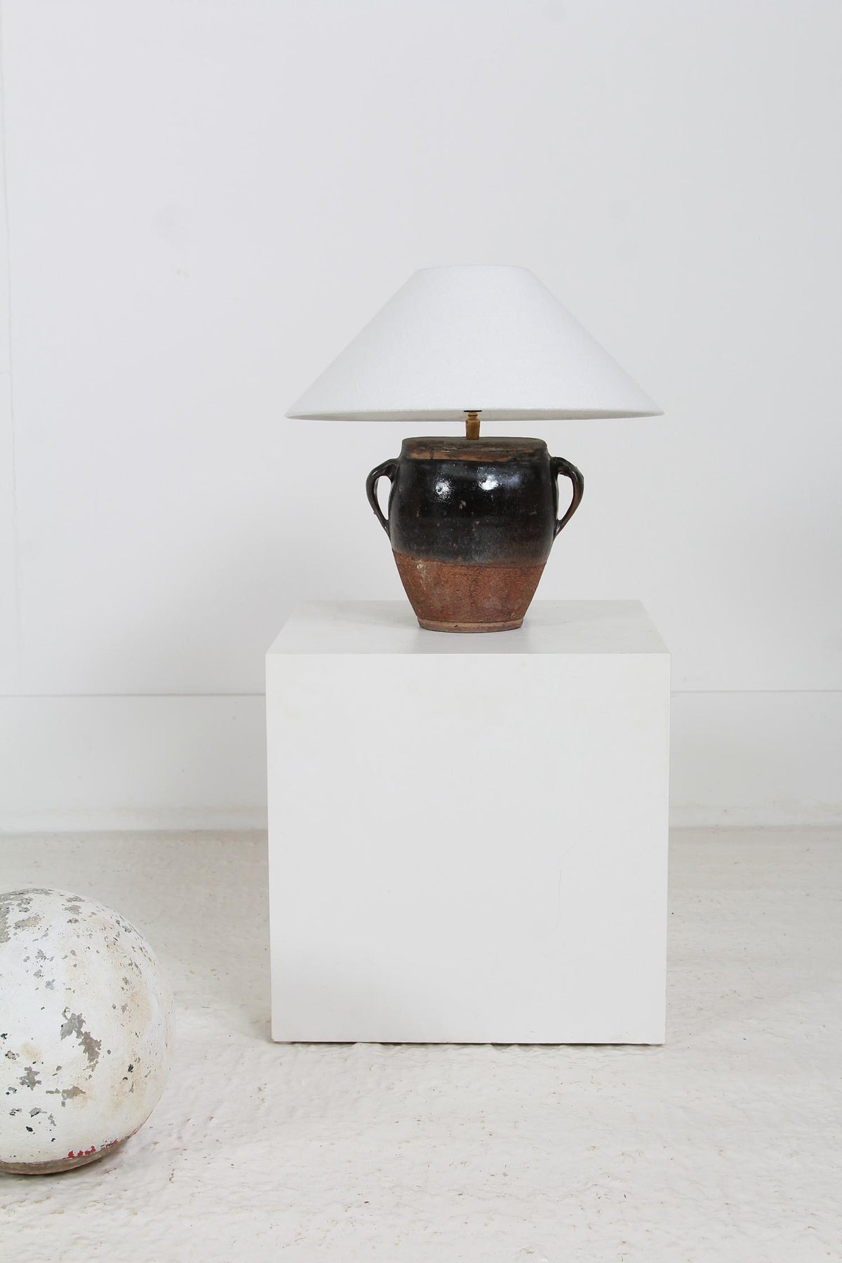 PETITE Dark Glazed Oil Pot Table Lamp with Linen Empire Shade