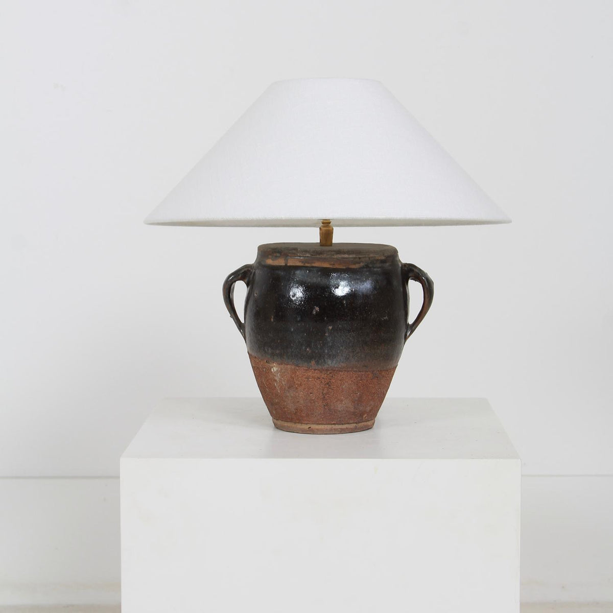 PETITE Dark Glazed Oil Pot Table Lamp with Linen Empire Shade