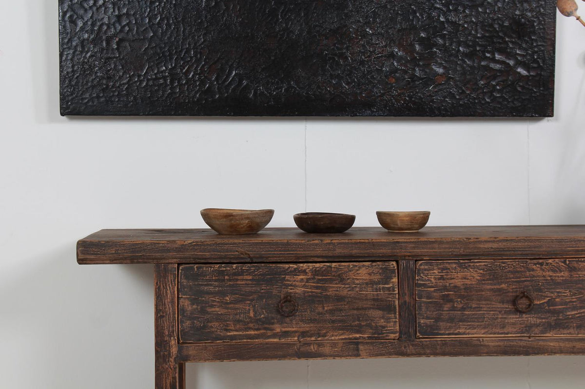 Rustic Elm 19th Century Three Drawer Console Table