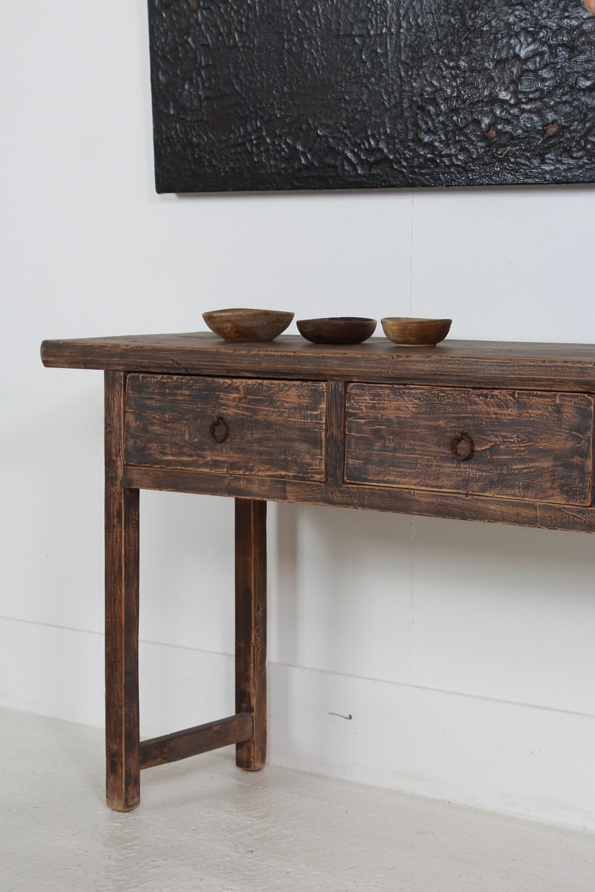 Rustic Elm 19th Century Three Drawer Console Table