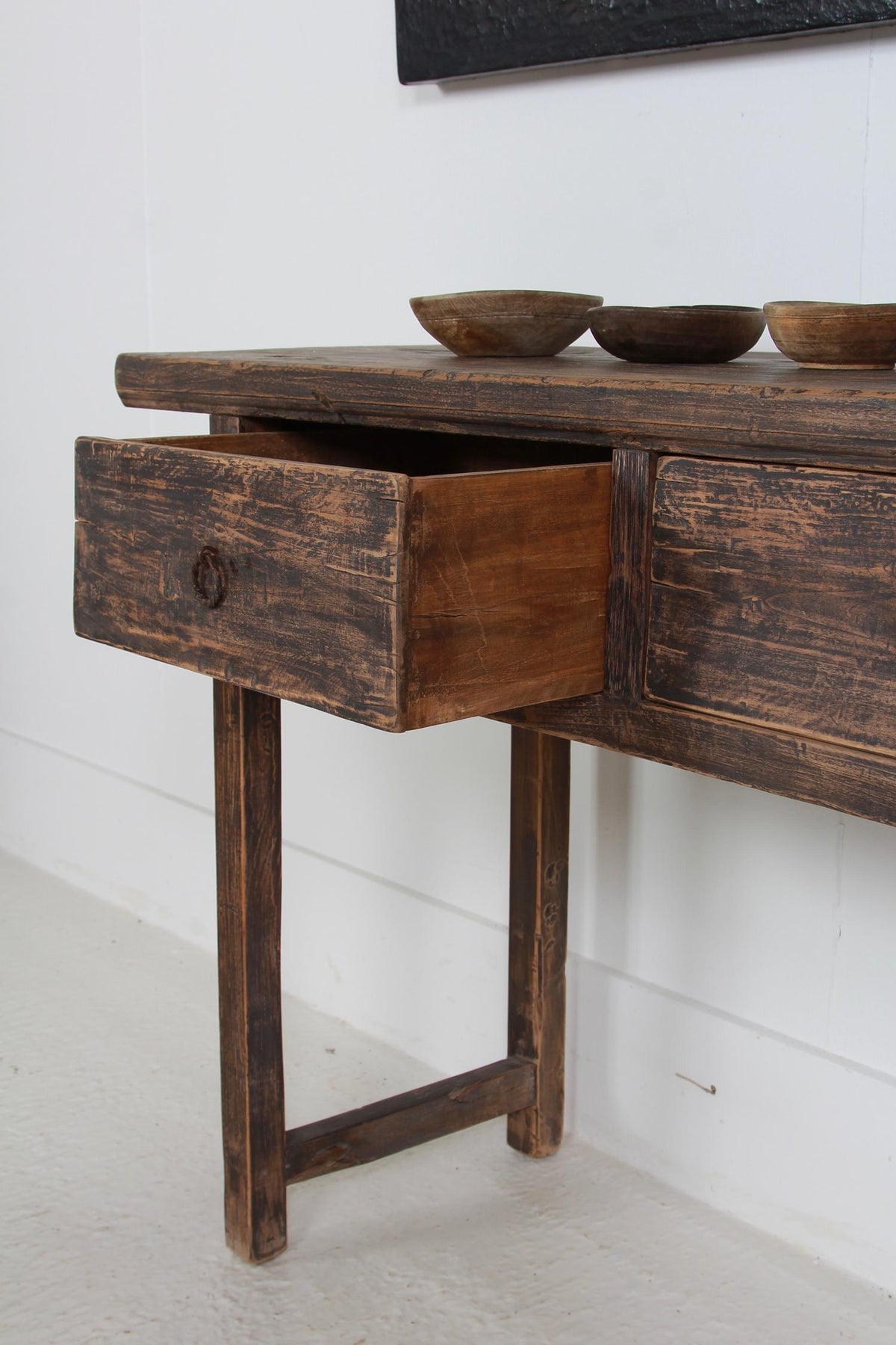 Rustic Elm 19th Century Three Drawer Console Table