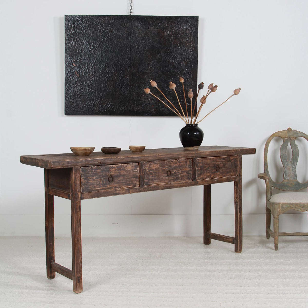Rustic Elm 19th Century Three Drawer Console Table