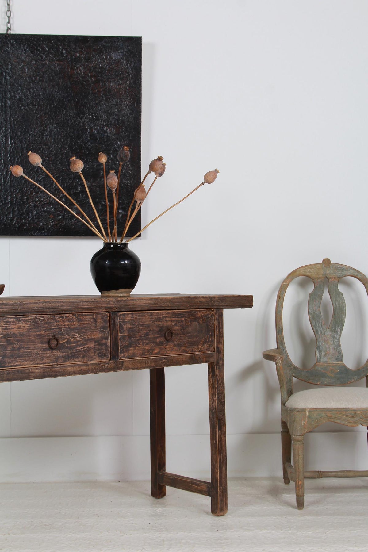 Rustic Elm 19th Century Three Drawer Console Table