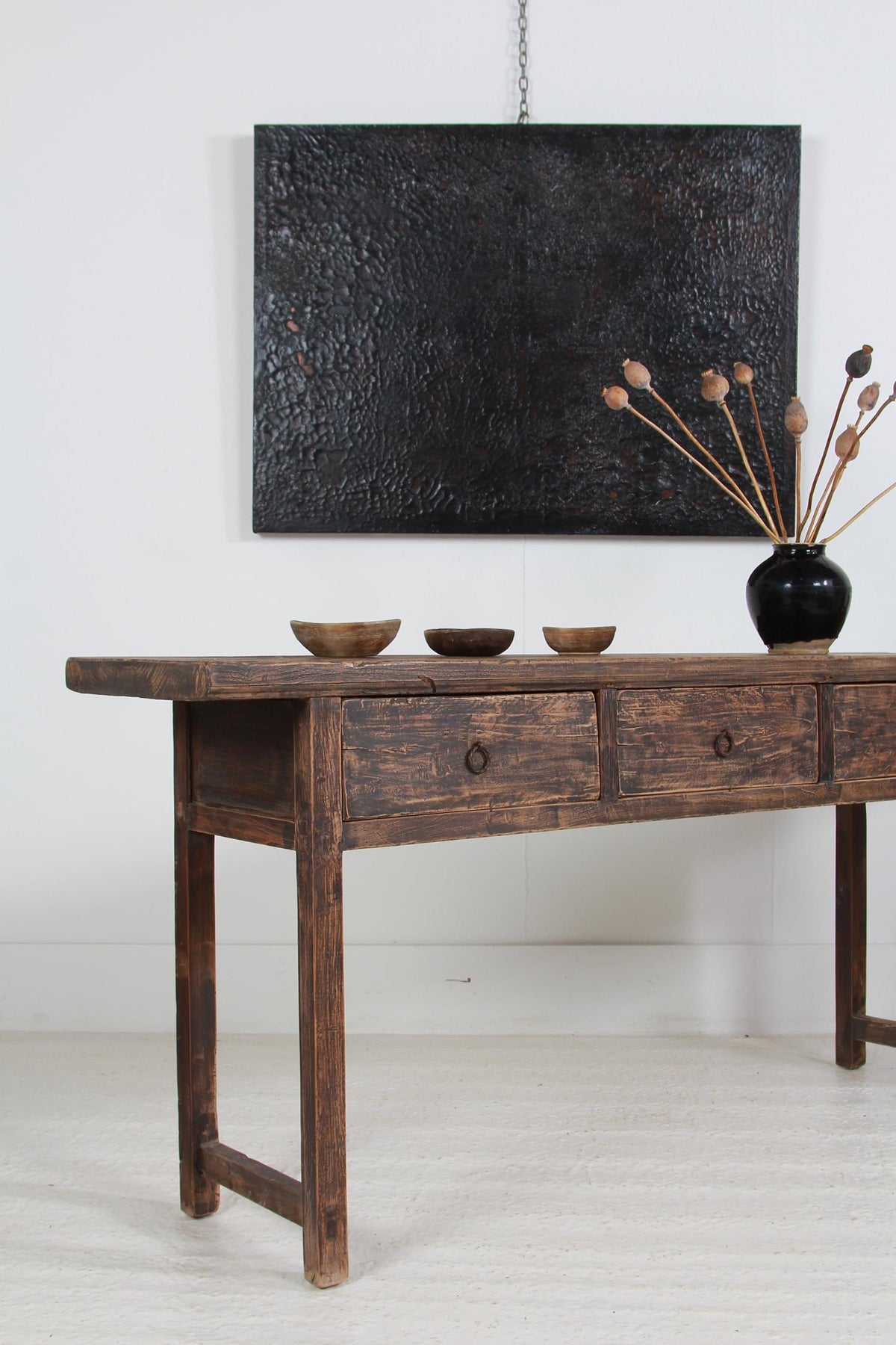 Rustic Elm 19th Century Three Drawer Console Table