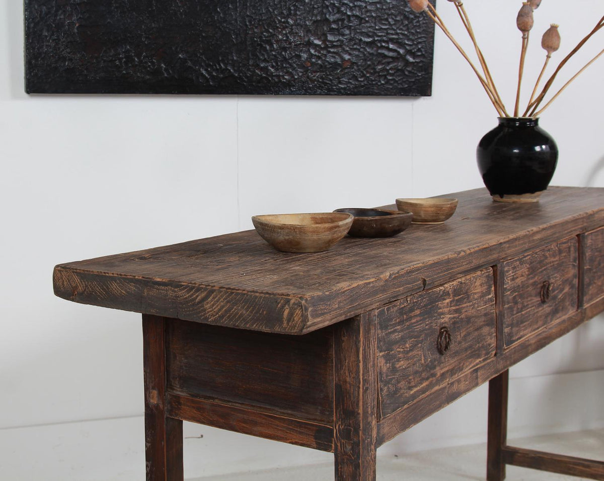 Rustic Elm 19th Century Three Drawer Console Table