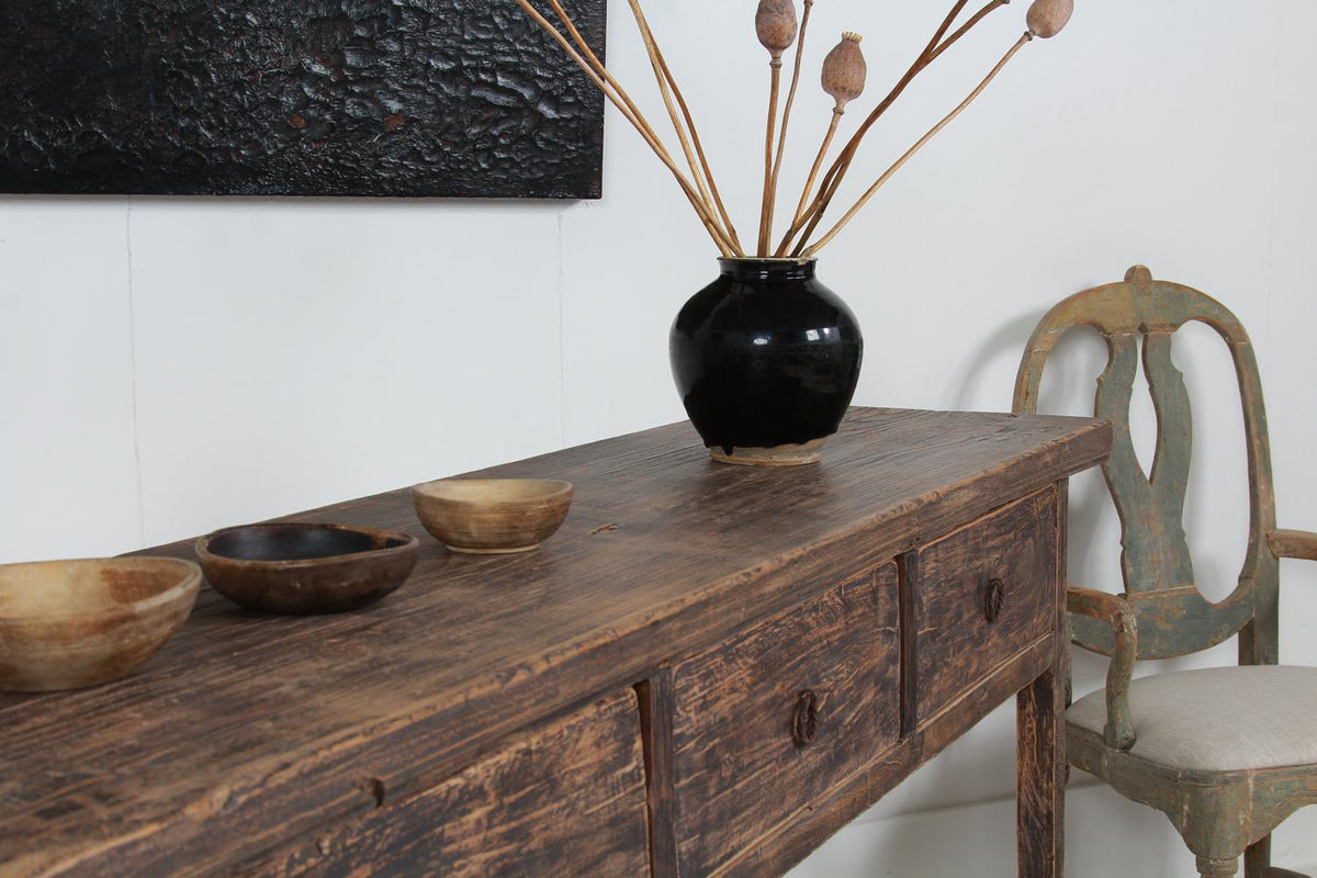 Rustic Elm 19th Century Three Drawer Console Table