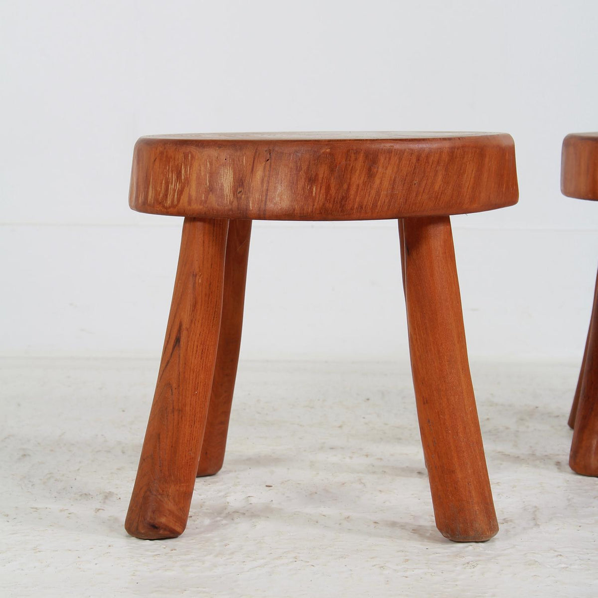 Two Mid-Century Modern Wood Stools in the Style of Charlotte Perriand