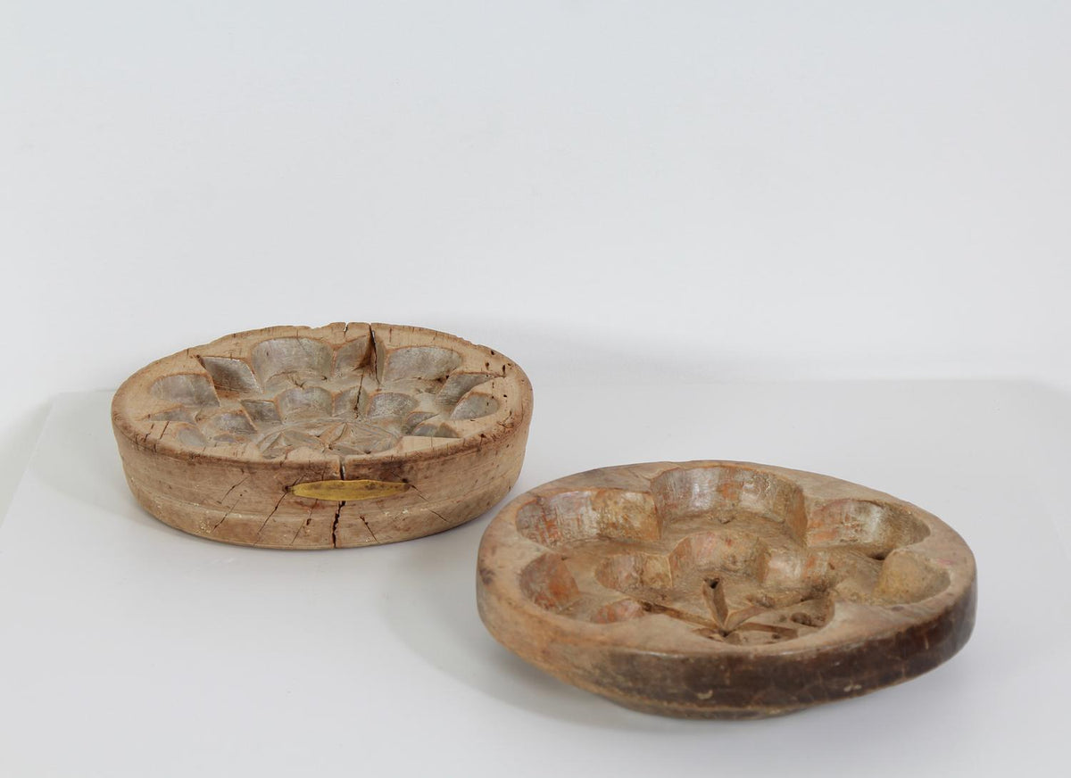 RARE COLLECTION OF TWO  SWEDISH  18thC CARVED WOODEN CHEESE MOULDS
