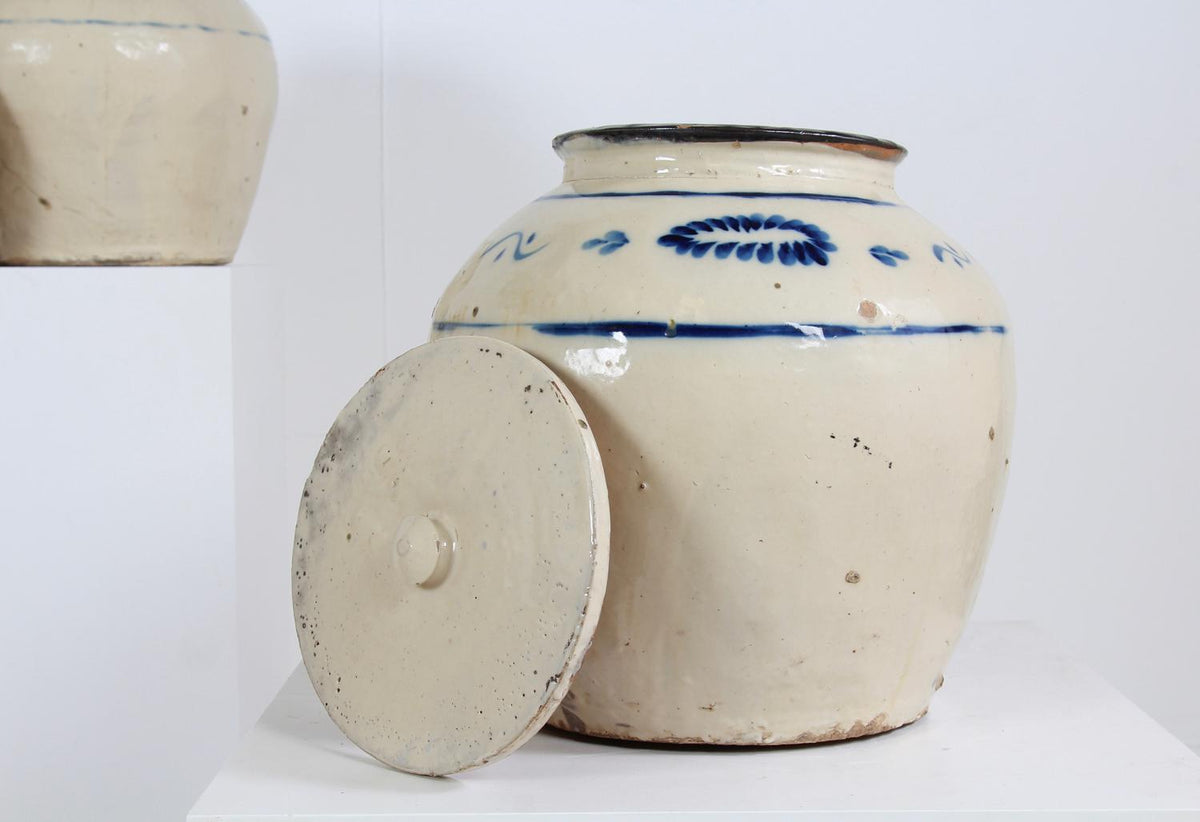 Elegant Chinese 19thC Blue & Cream Stoneware Lidded Apothecary Jars