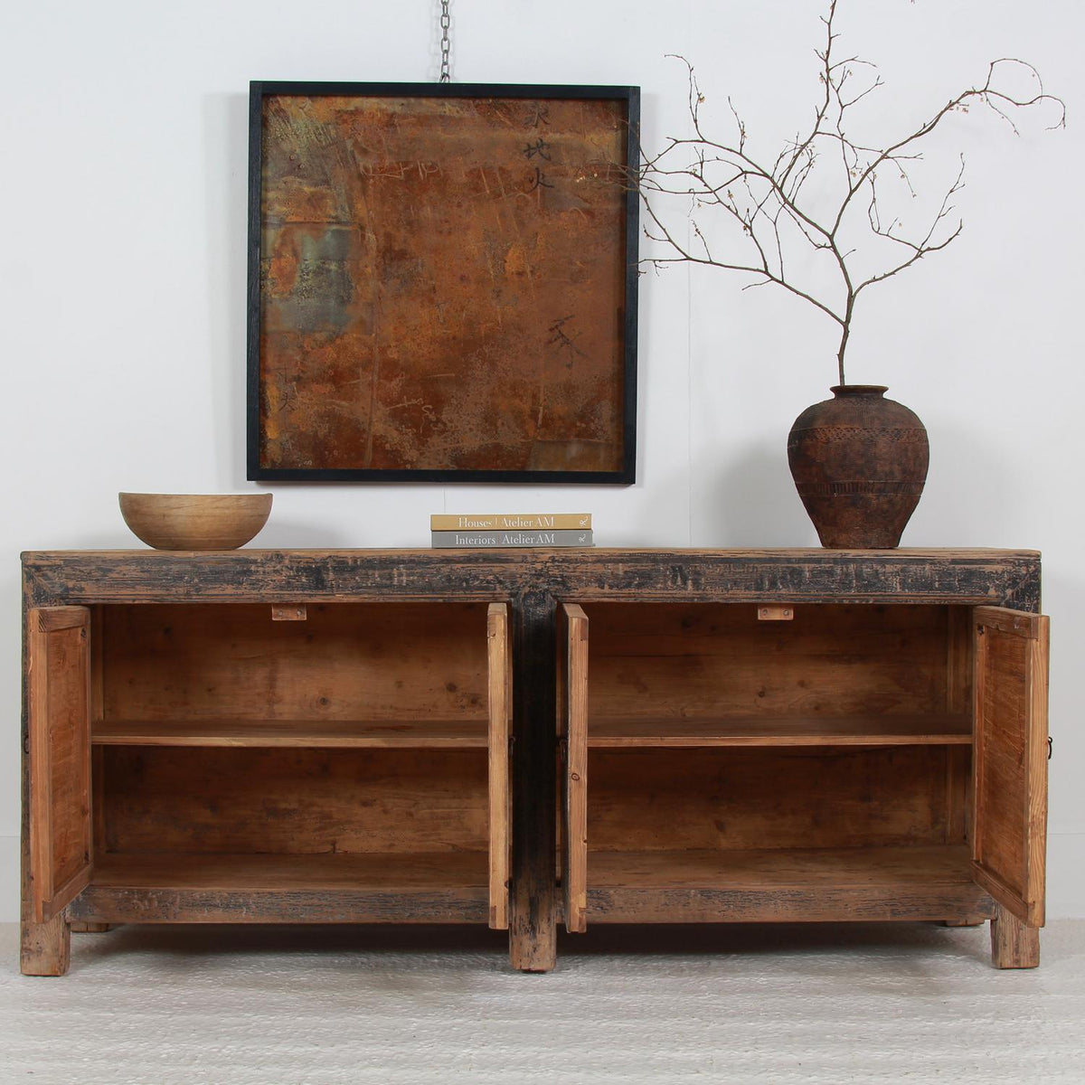 RUSTIC COUNTRY ELM PROVINCIAL SIDEBOARD with original black patina