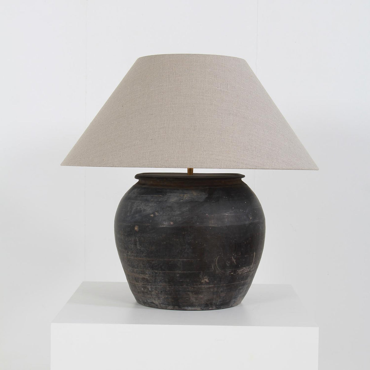 Chinese Storage Jar Lamp with Natural  Linen Shade