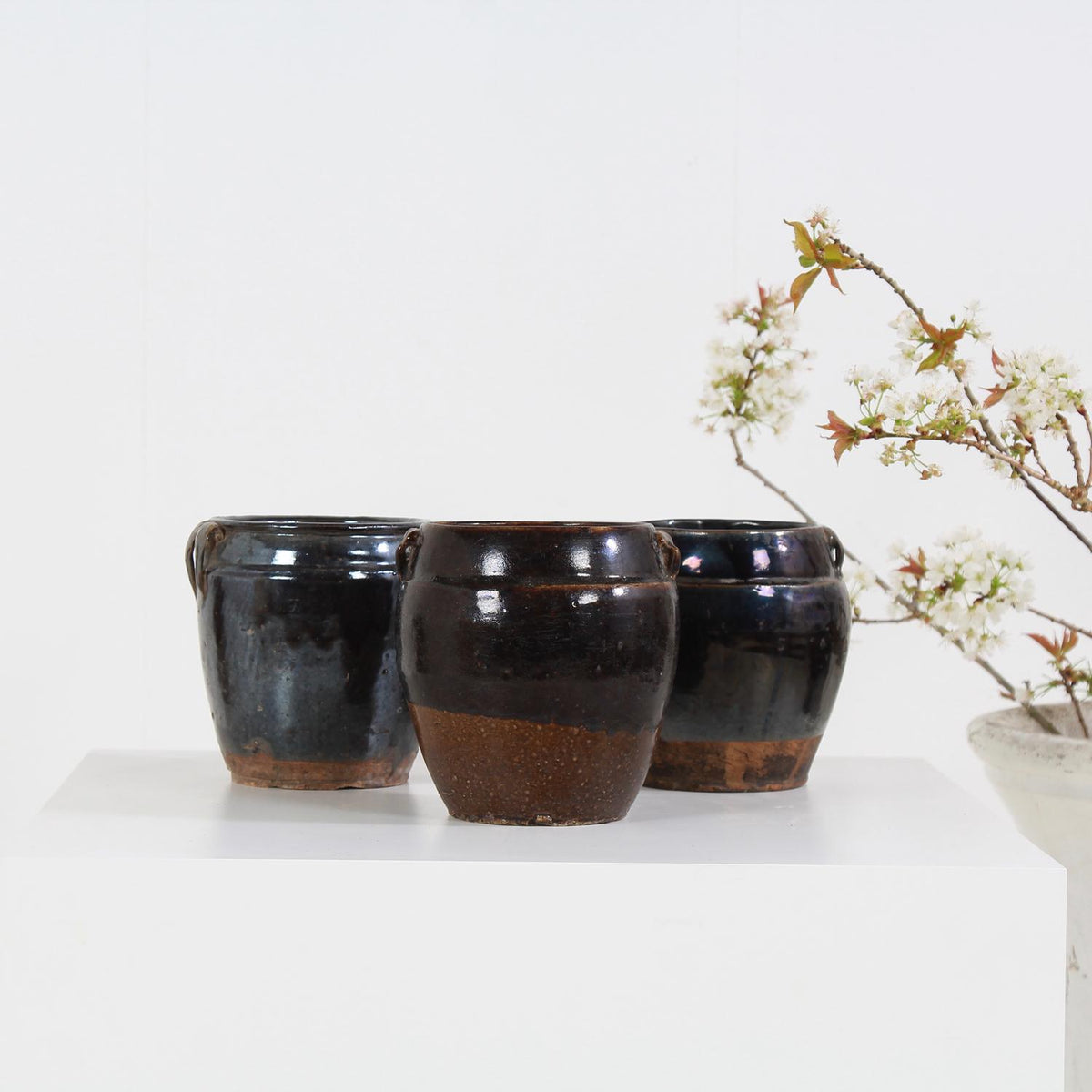 Collection of Three Handmade Chinese  Black Glazed Pottery Jars