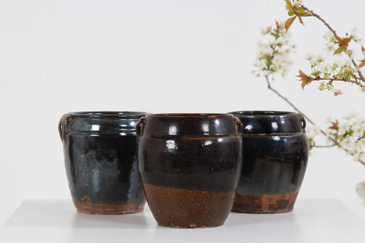Collection of Three Handmade Chinese  Black Glazed Pottery Jars