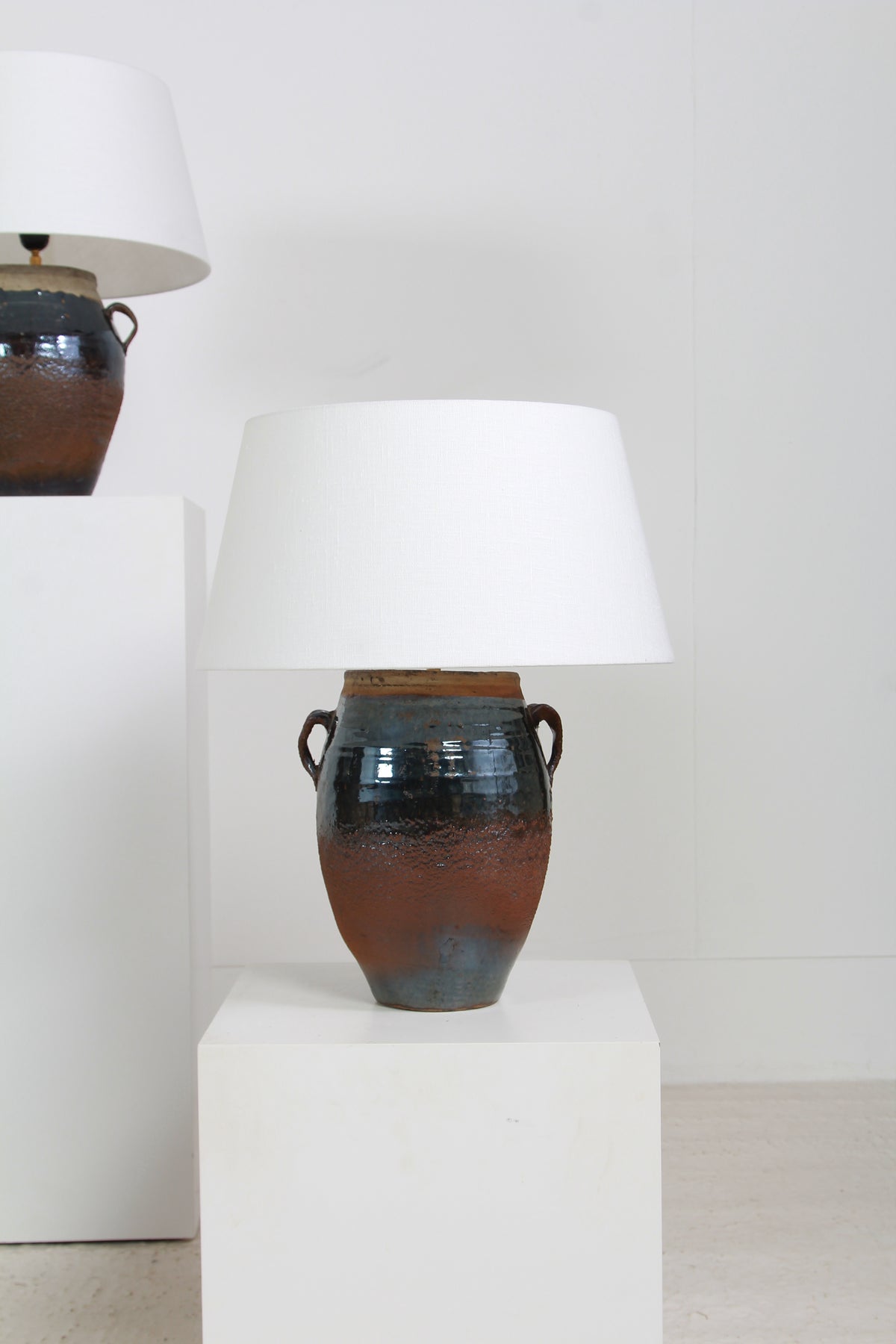 AUTHENTIC Near PAIR OF DARK GLAZED OIL POT TABLE LAMPS WITH NATURAL LINEN EMPIRE SHADES