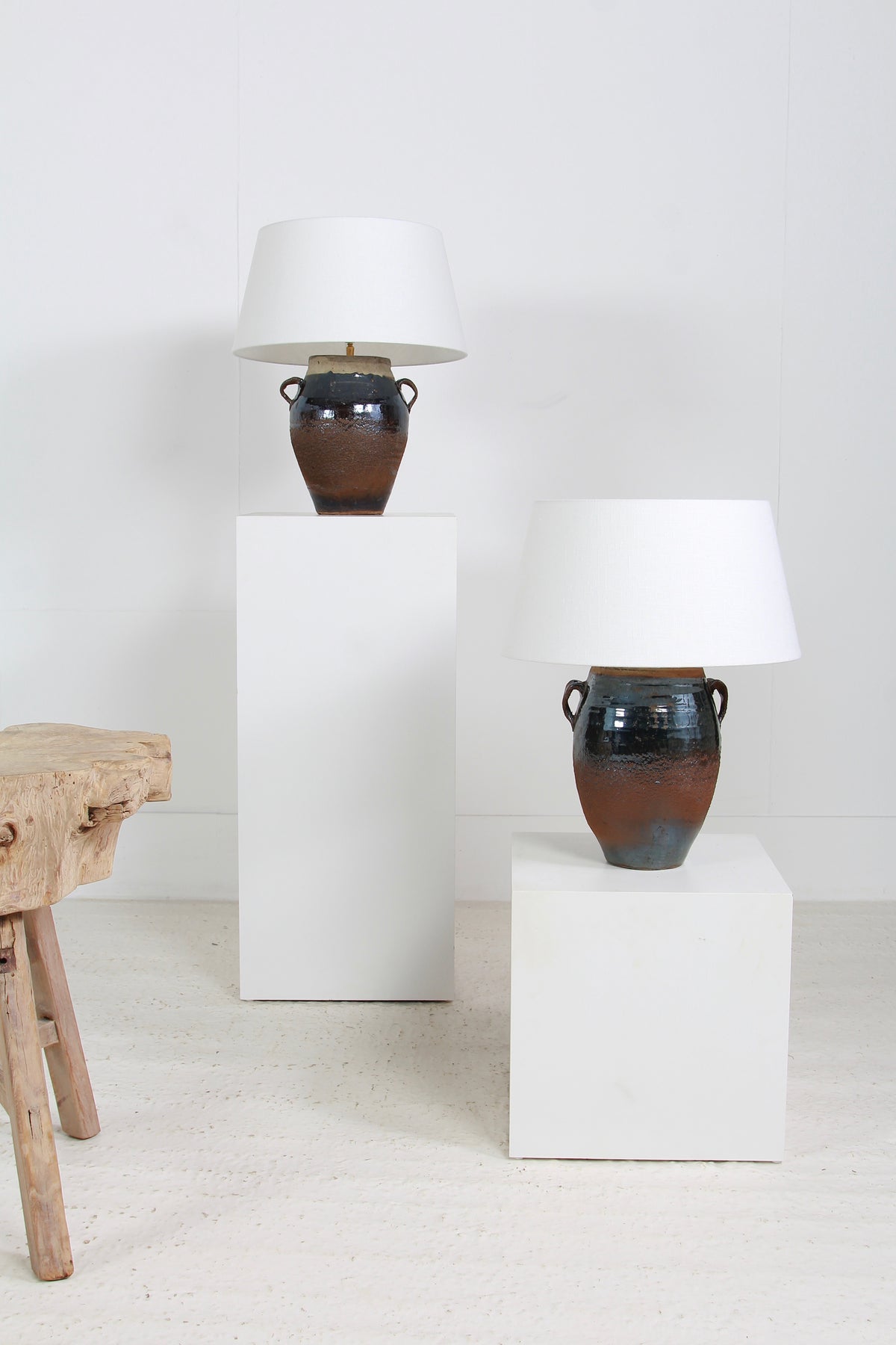 AUTHENTIC Near PAIR OF DARK GLAZED OIL POT TABLE LAMPS WITH NATURAL LINEN EMPIRE SHADES