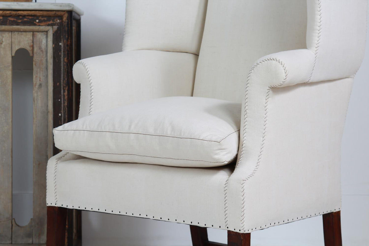 CLASSIC and Elegant  ENGLISH 19THC WINGED ARMCHAIR in Antique Linen