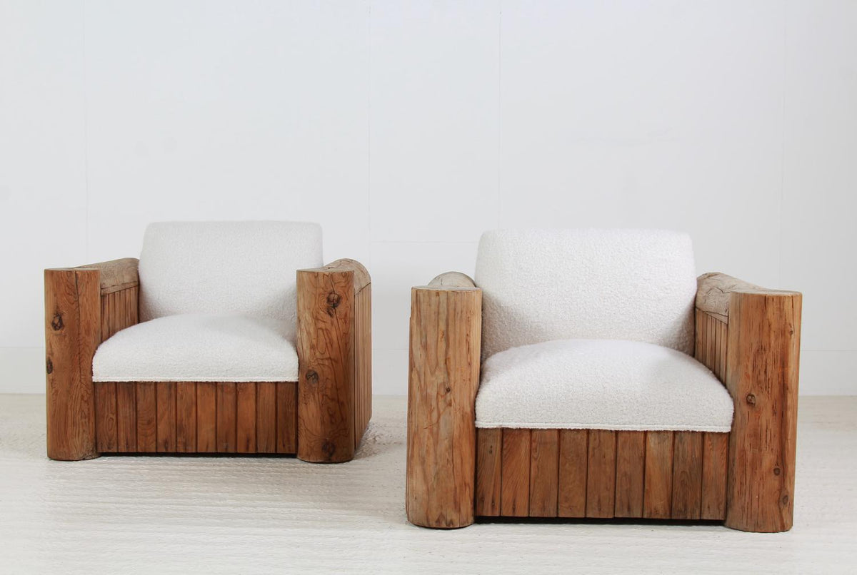 Magnificent Pair of XL Alpine Armchairs Upholstered in Boucle Fabric
