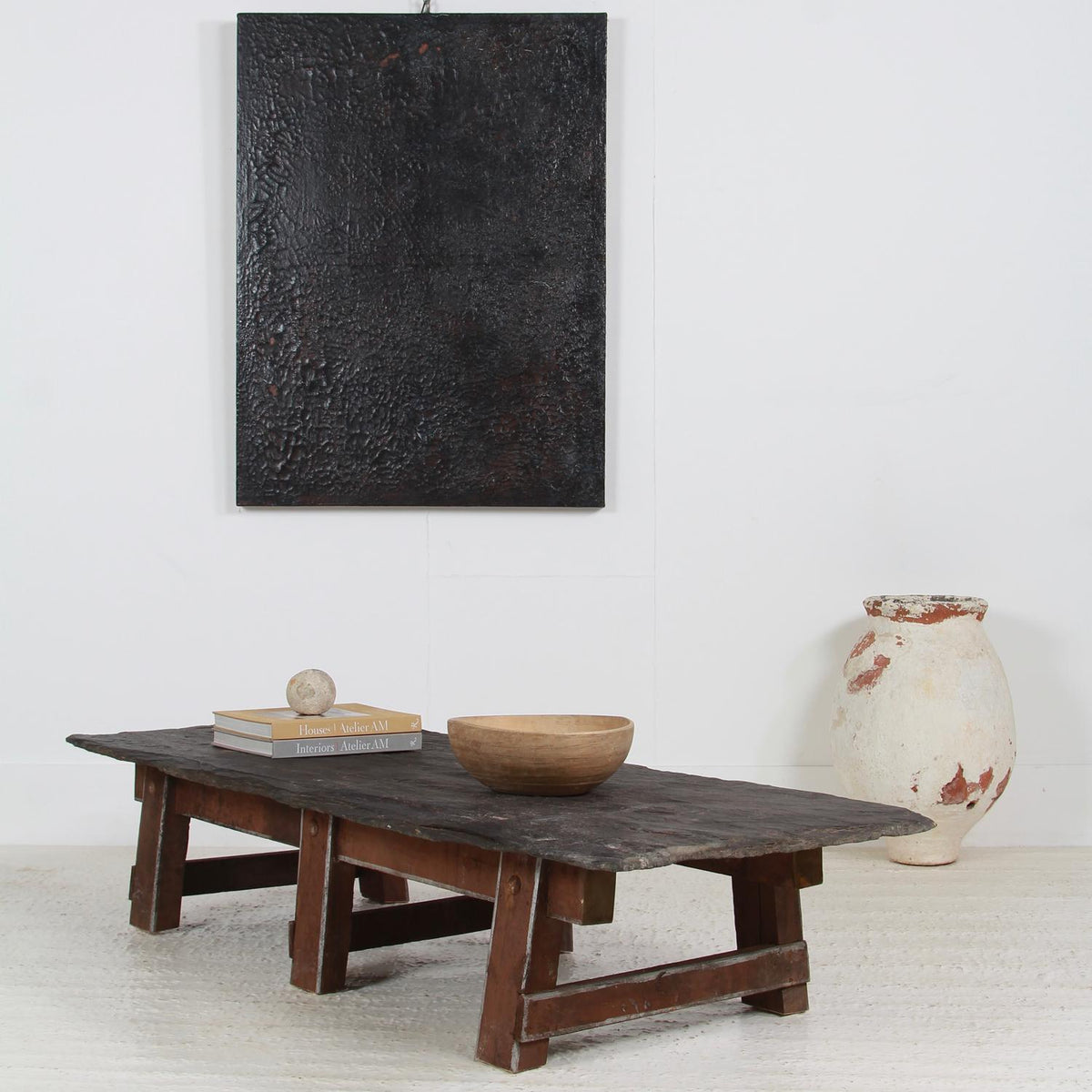 Rustic Spanish Wood & Black Riven Slate Top Coffee Table