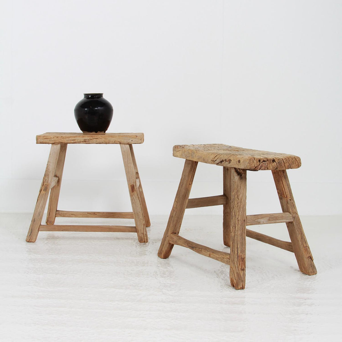 NEAR PAIR OF RUSTIC WABI-SABI CHINESE WORKERS STOOLS OR TABLES